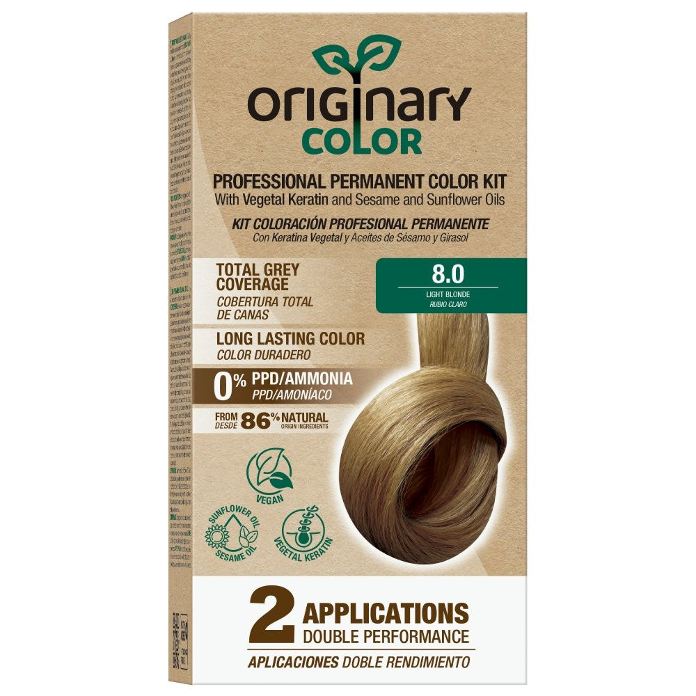 Originary Color - Kit de Coloración Profesional Permanente Color 8-0 Rubio Claro